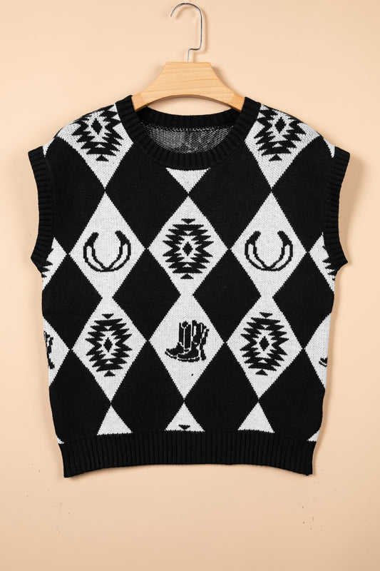 Western Retro Rhombus Short Sleeve Knit Top