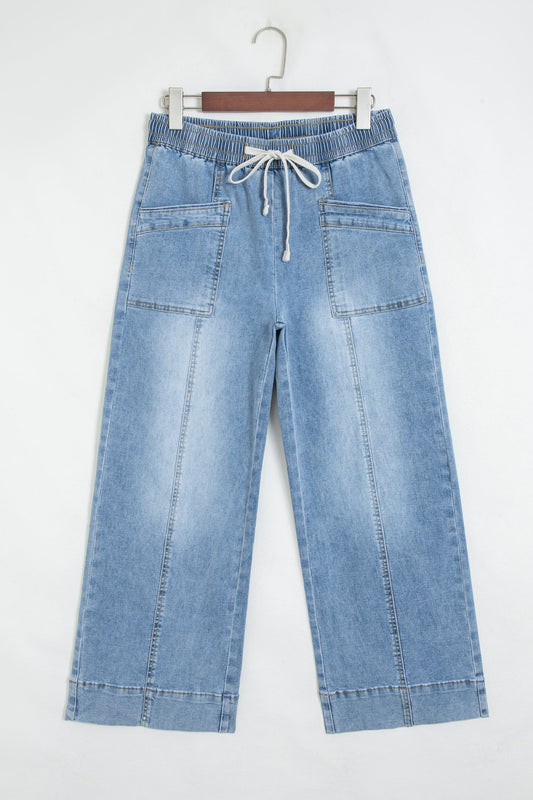 Denim Contrast Drawstring Waist Wide Leg Jeans