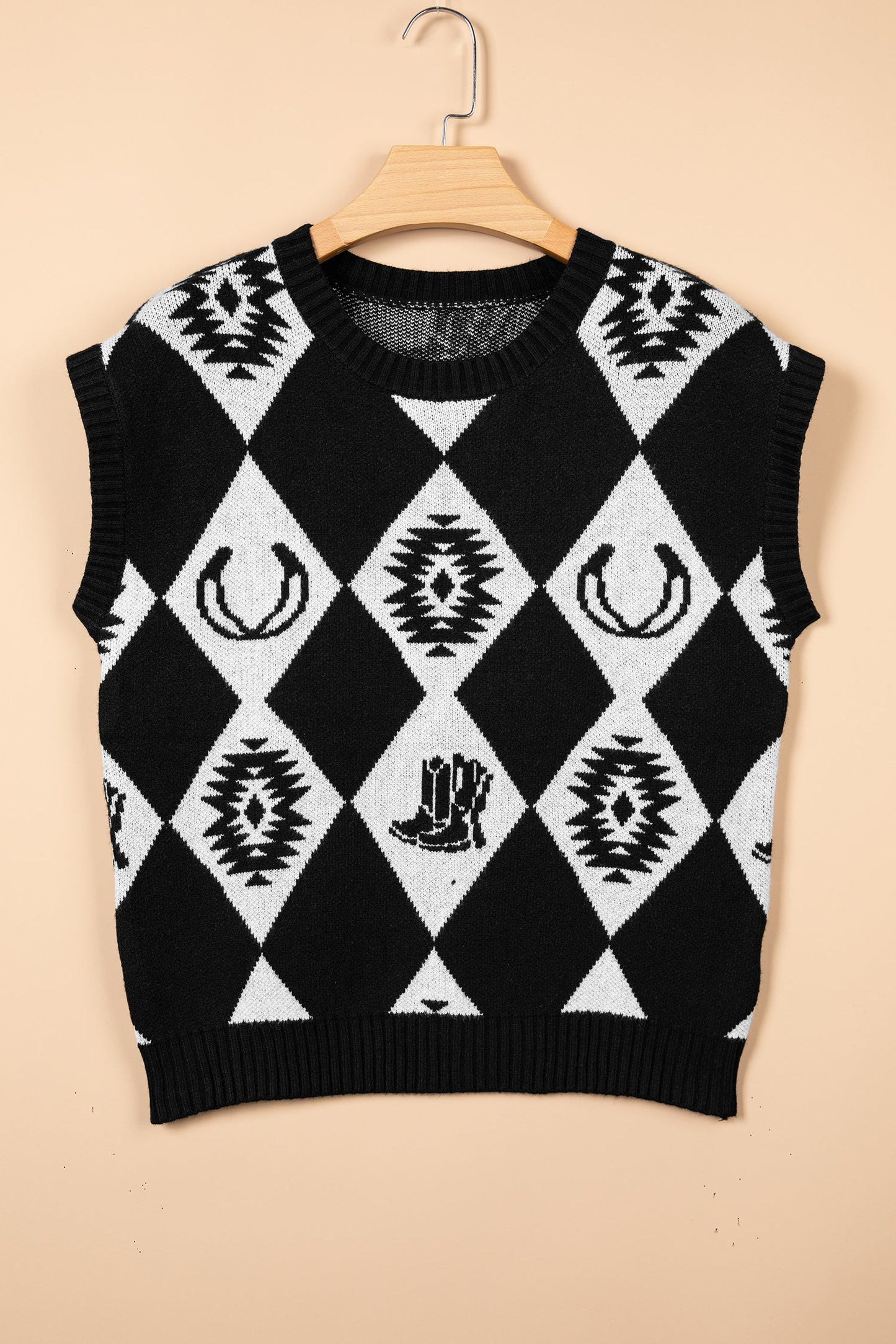 Western Retro Rhombus Short Sleeve Knit Top