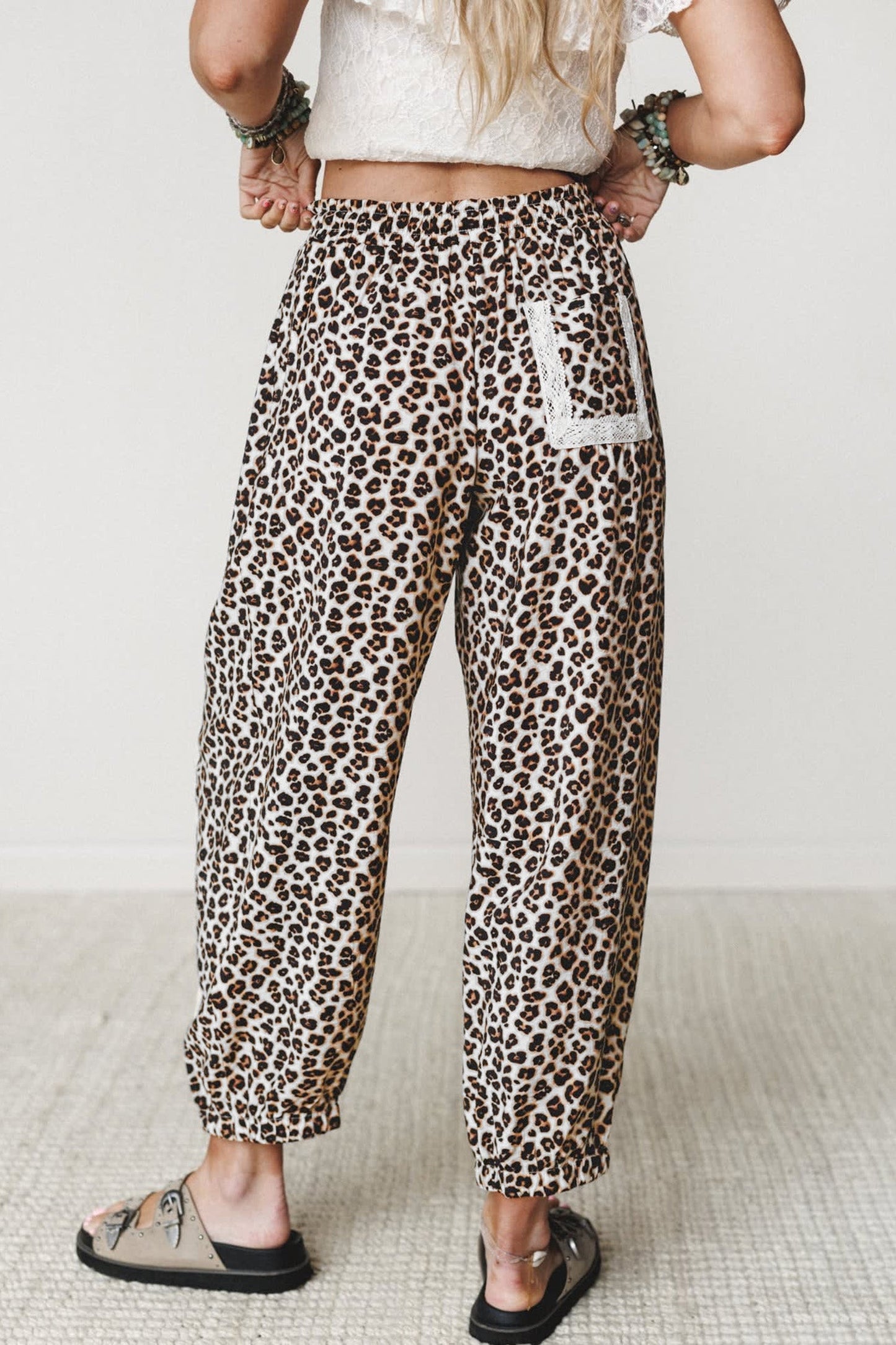 Leopard Lace Side Stripe Elastic Waist Jogger Pants