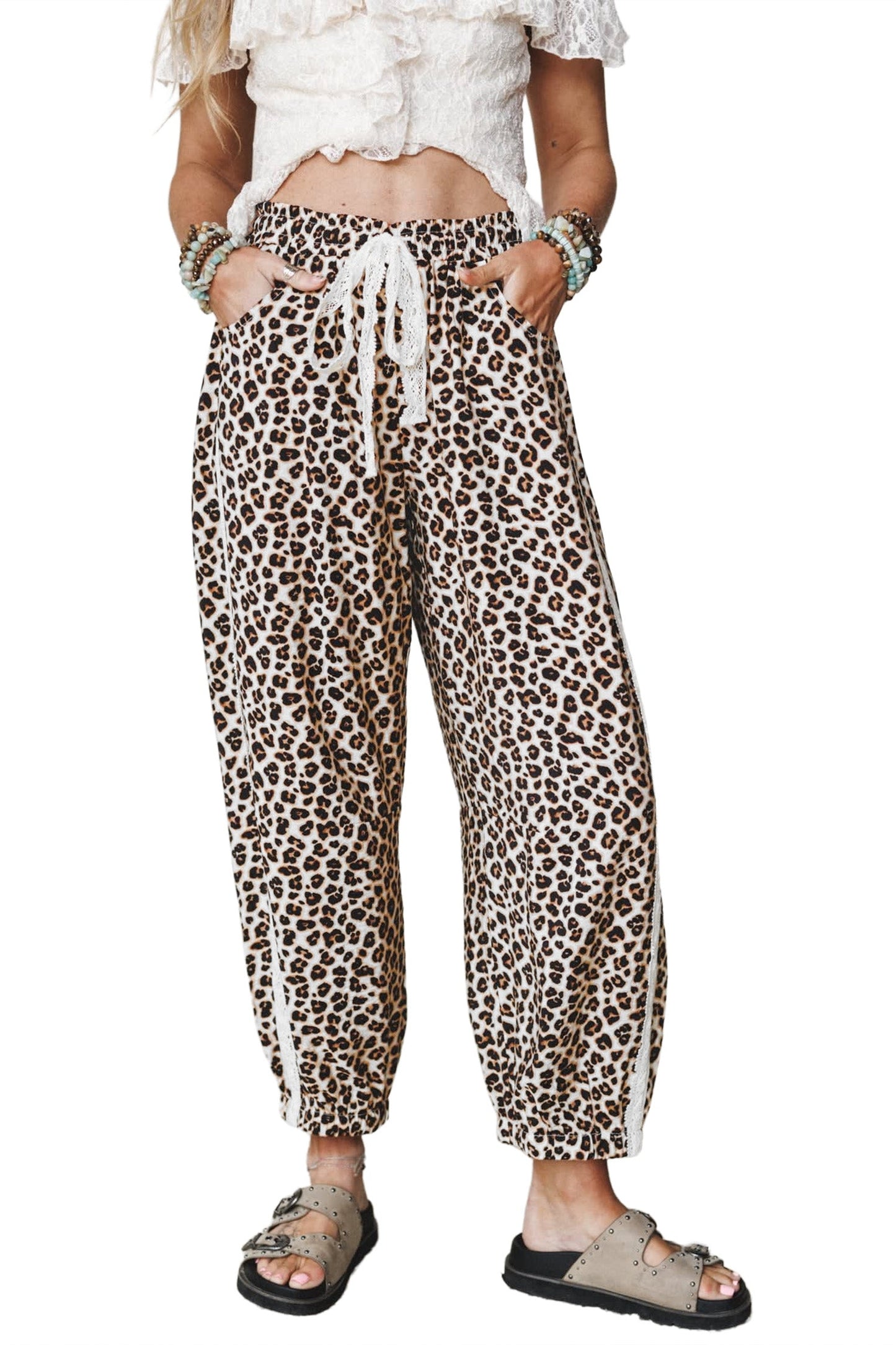 Leopard Lace Side Stripe Elastic Waist Jogger Pants