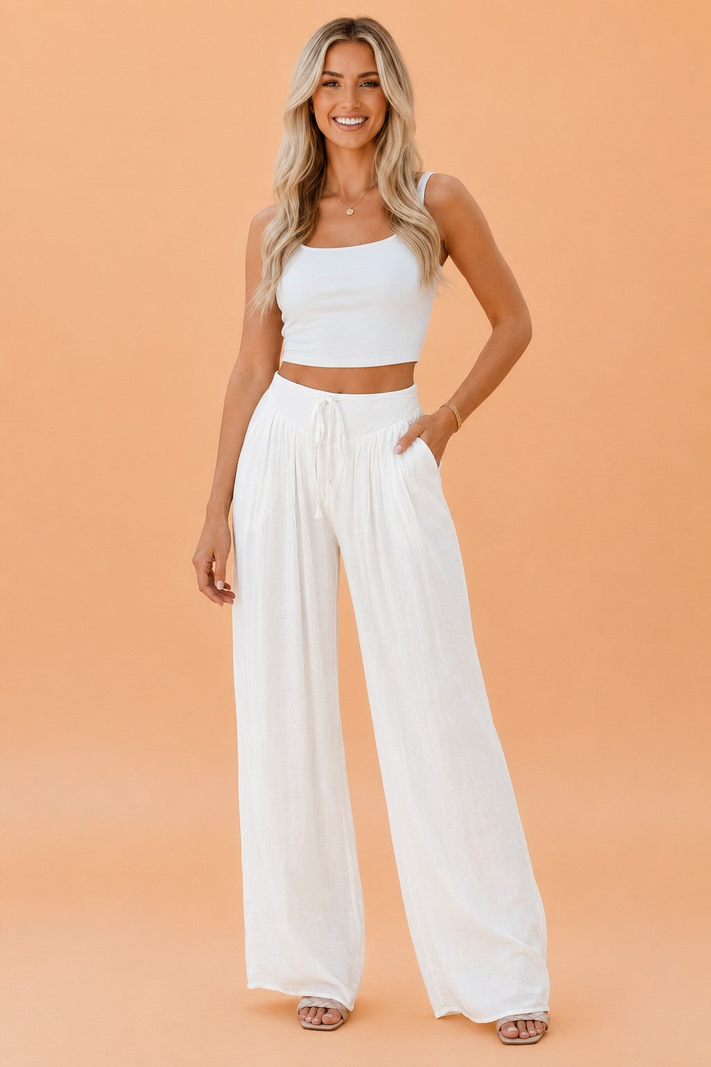 Solid Drop Waist Pleated Wide Leg Pants