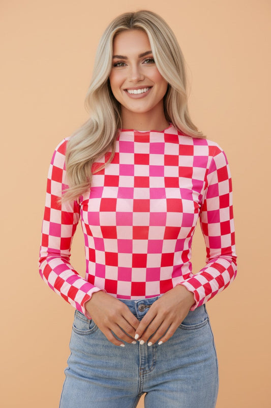 Checker Sheer Mesh Long Sleeve Blouse