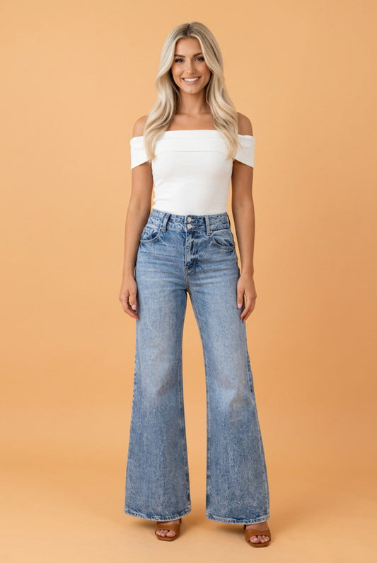 Denim Acid Wash Pockets Flare Jeans