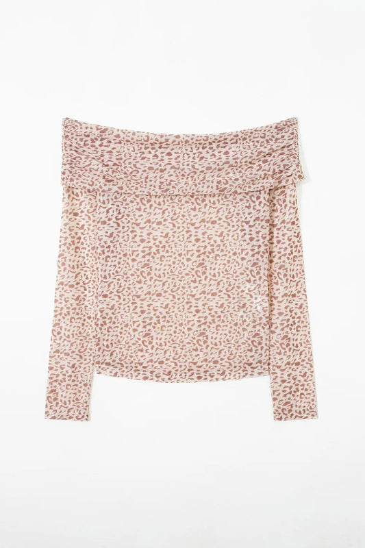 Leopard Mesh Foldover Off Shoulder Long Sleeve Top