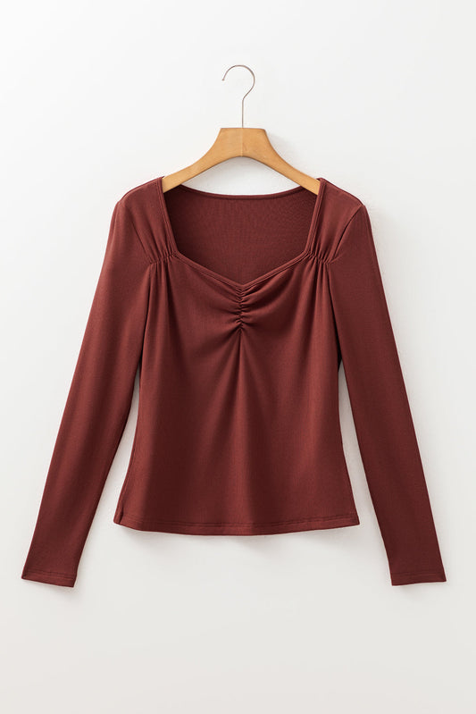 Gathered Bust Square Neck Ribbed Long Sleeve Top