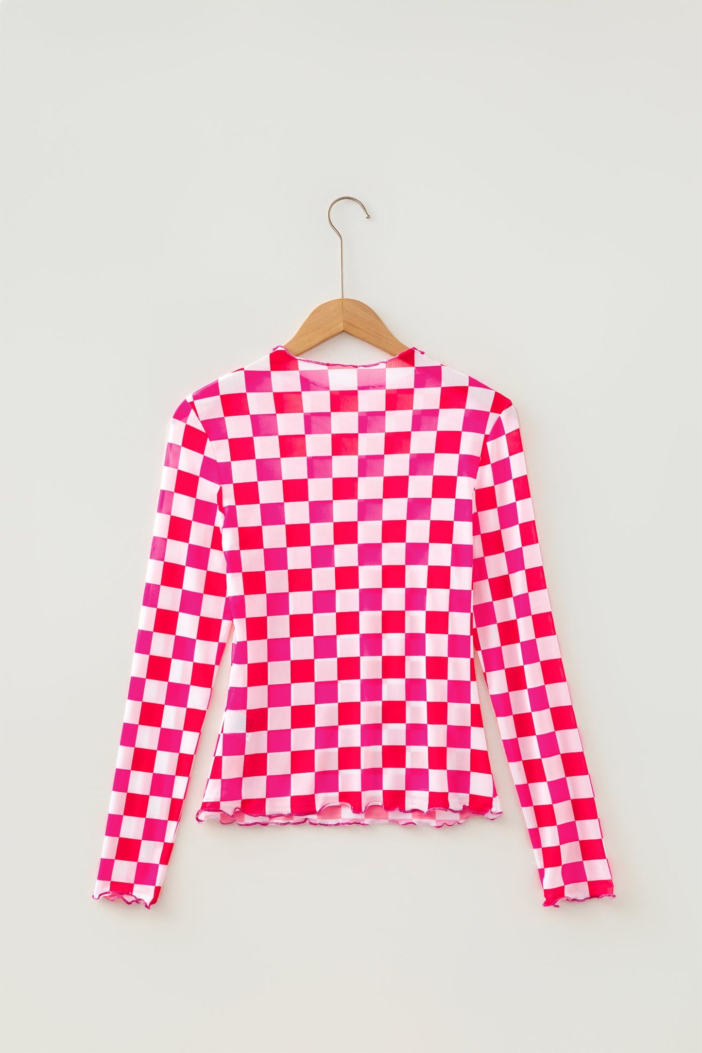 Checker Sheer Mesh Long Sleeve Blouse