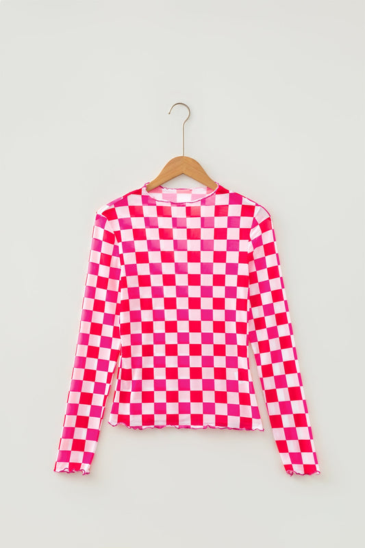 Checker Sheer Mesh Long Sleeve Blouse