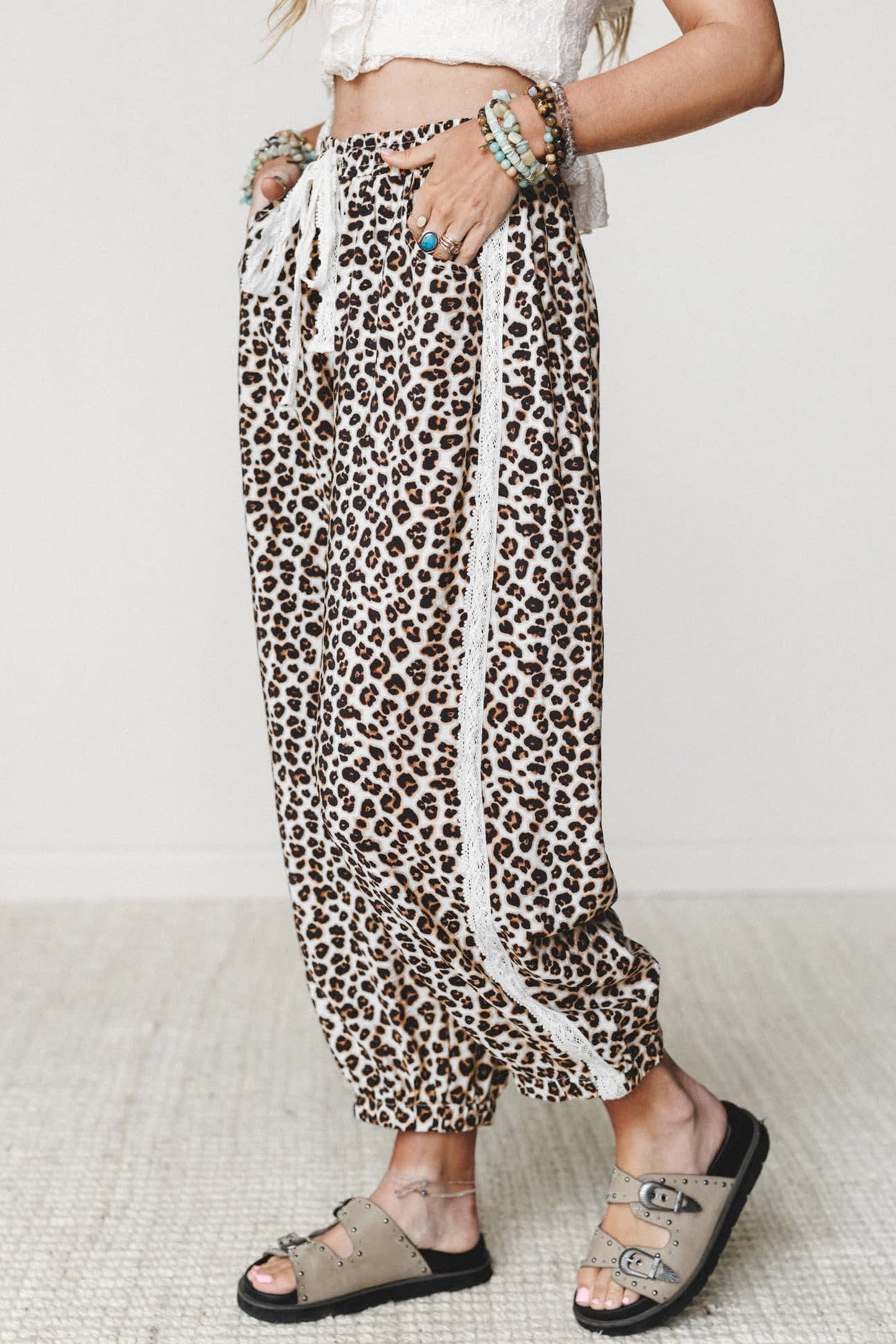 Leopard Lace Side Stripe Elastic Waist Jogger Pants