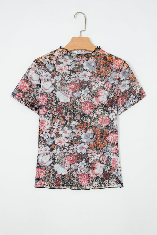 Floral Mesh Mock Neck Short Sleeve Top