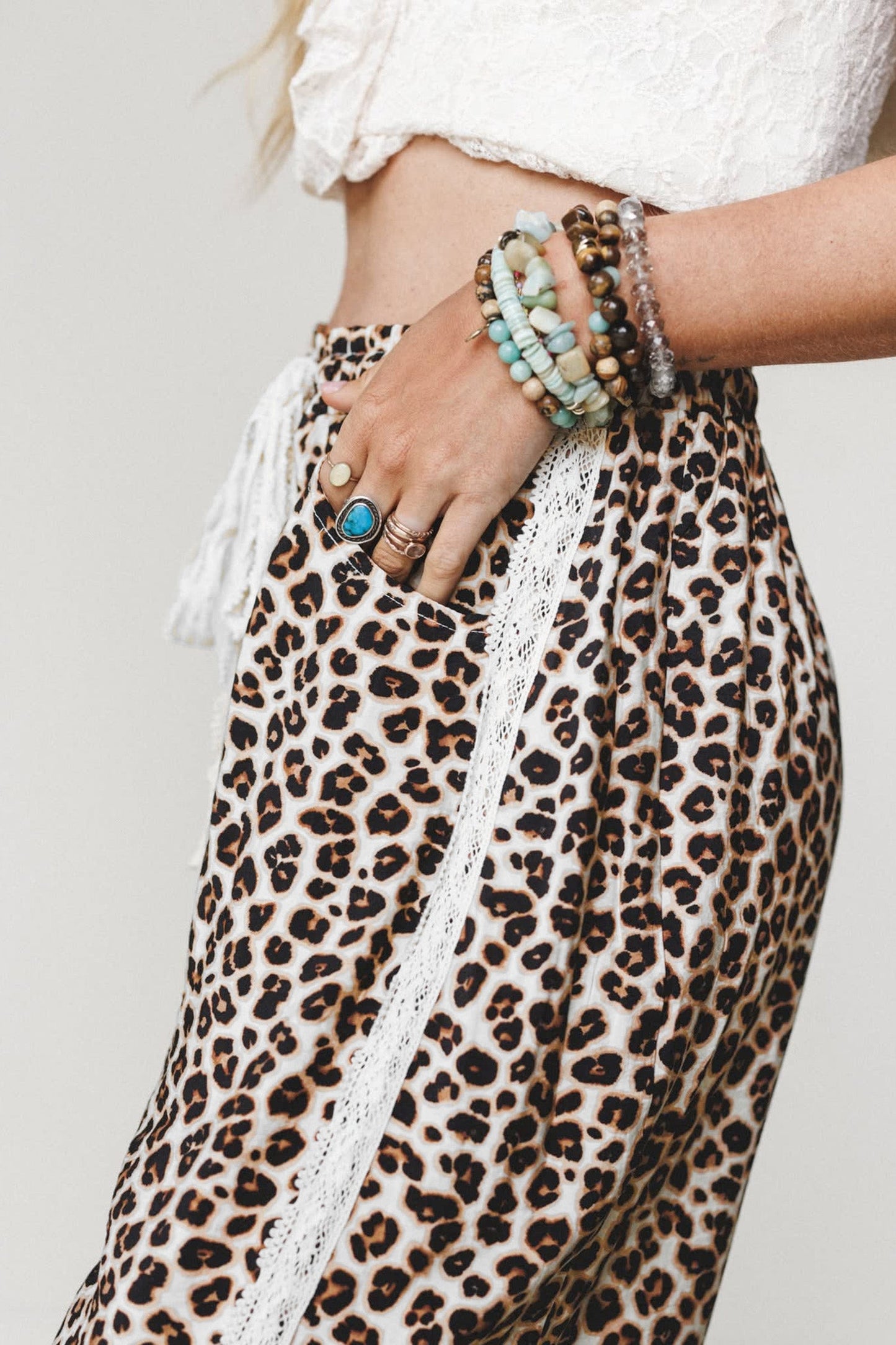 Leopard Lace Side Stripe Elastic Waist Jogger Pants