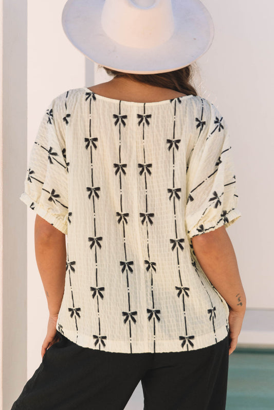 Bow Textured Short Puff Sleeve Top