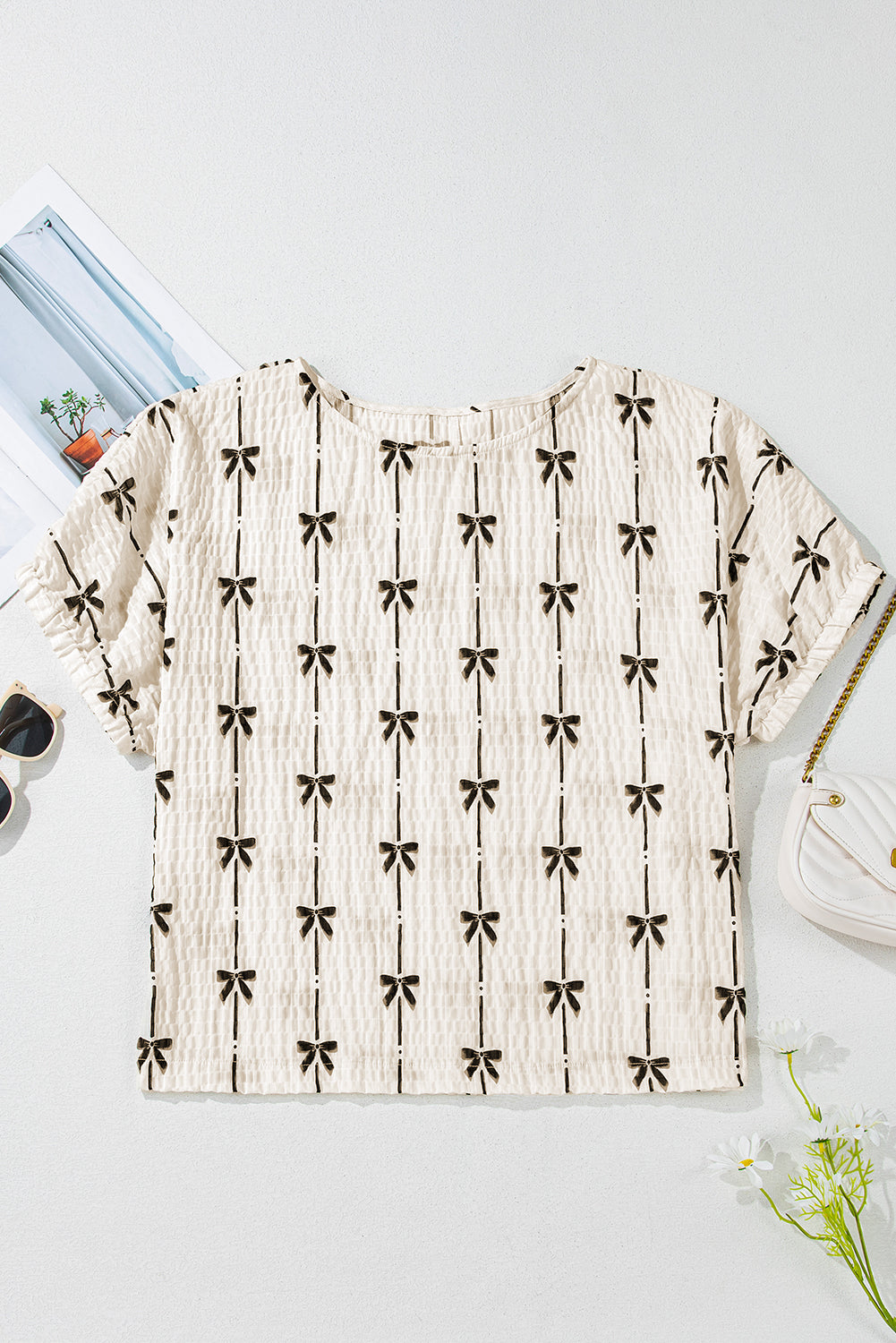 Bow Textured Short Puff Sleeve Top