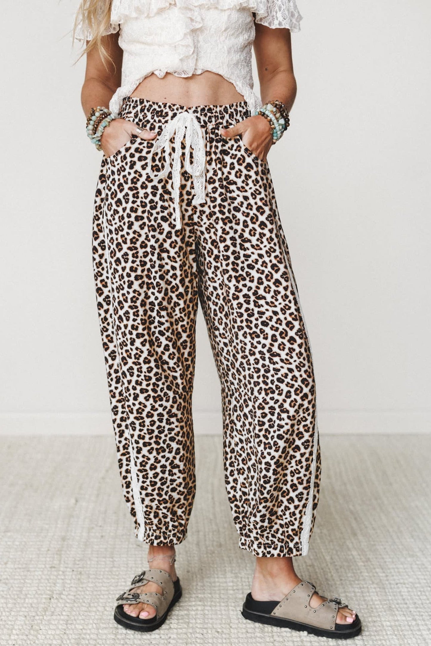 Leopard Lace Side Stripe Elastic Waist Jogger Pants